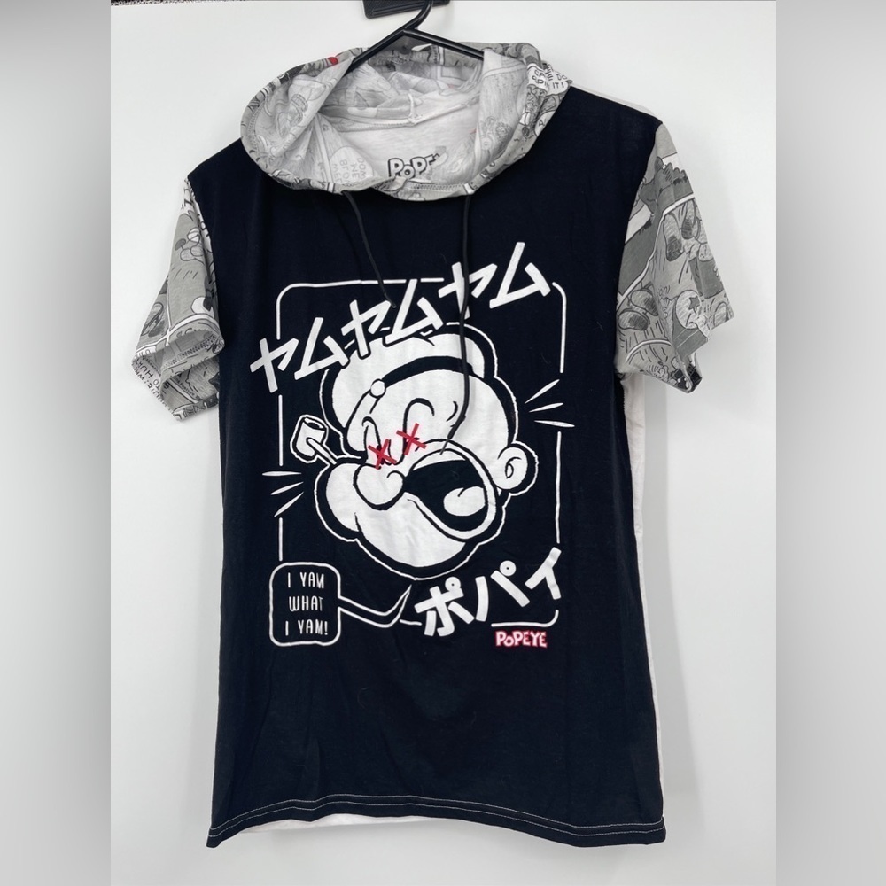 Popeye Hoodie Size Small All Over Print Short Sleeve T-Shirt Hooded Drawstring